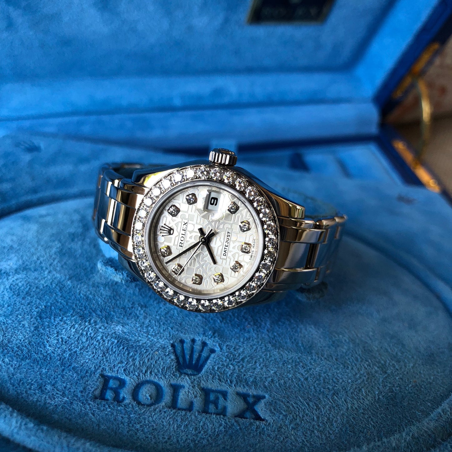 Rolex Pearlmaster 80299 Silver Jubilee Diamond Dial Bezel 18K White Gold Ladies Wristwatch Box & Papers - Hashtag Watch Company