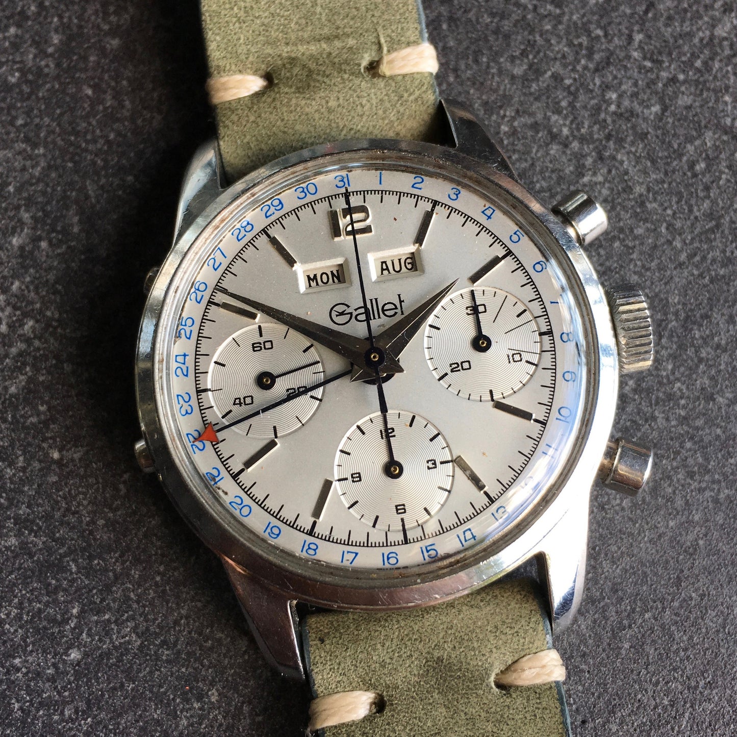 Vintage Gallet Steel Triple Date Chronograph 998 Valjoux 723 Manual Wind Wristwatch - Hashtag Watch Company