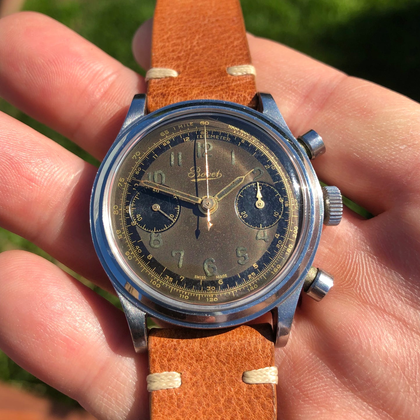 1950's Bovet Mono-Rattrapante Steel Gilt Chronograph Tropical 38mm Vintage Valjoux 84 Wristwatch - Hashtag Watch Company