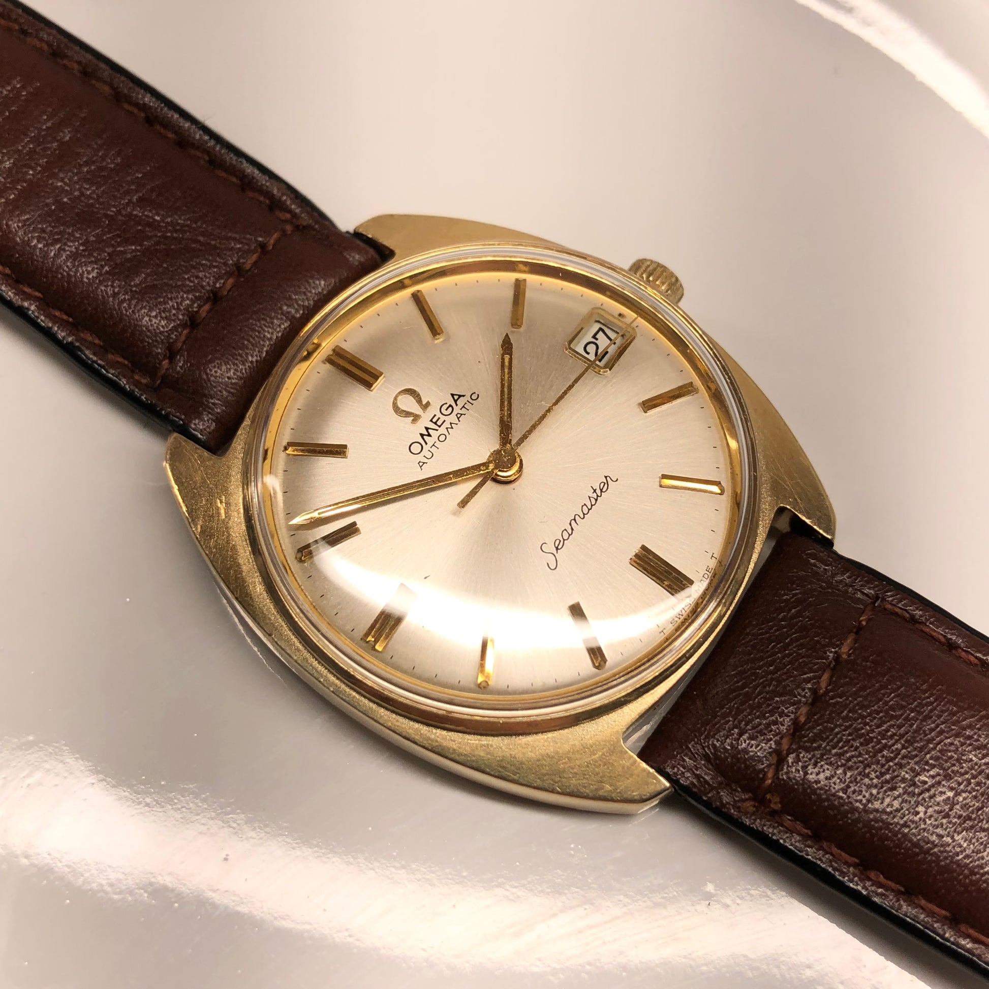 1966 Omega Seamaster 6736 14K Yellow Gold Caliber 563 Date Automatic Wristwatch - Hashtag Watch Company