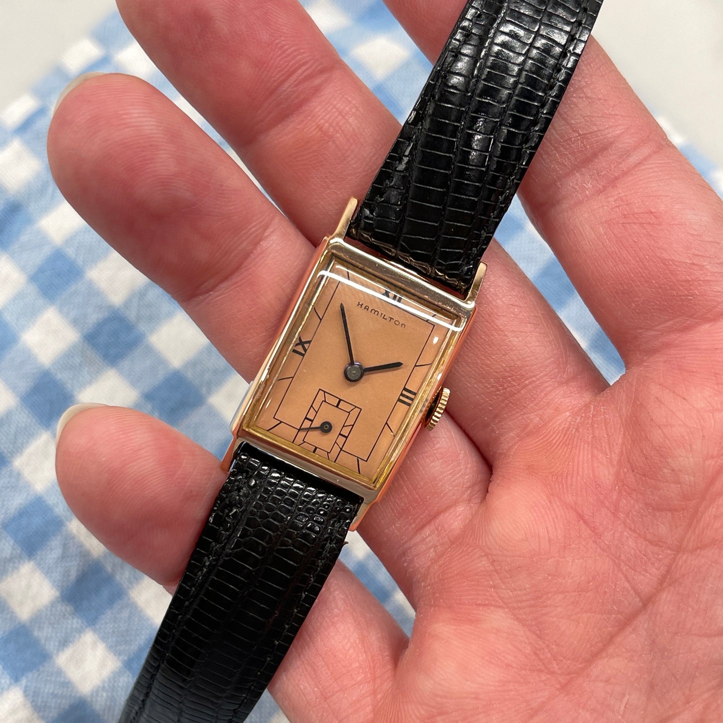 1948 Vintage Antique Hamilton Brock Coral 14K Rose Gold Manual Wind Dress Wristwatch - Hashtag Watch Company