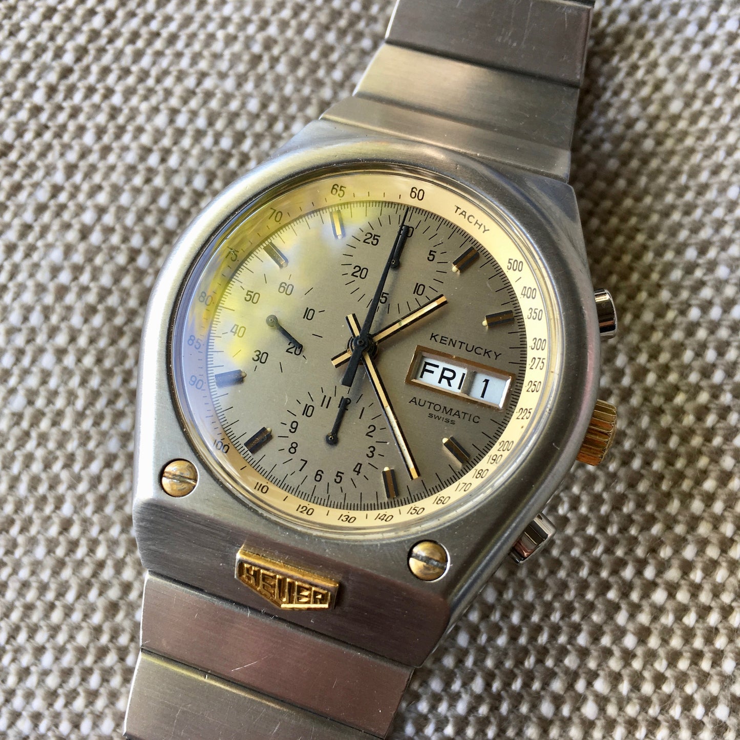 Vintage Heuer Kentucky 750.705 Steel Gold Automatic Valjoux 7750 Chronograph Watch - Hashtag Watch Company