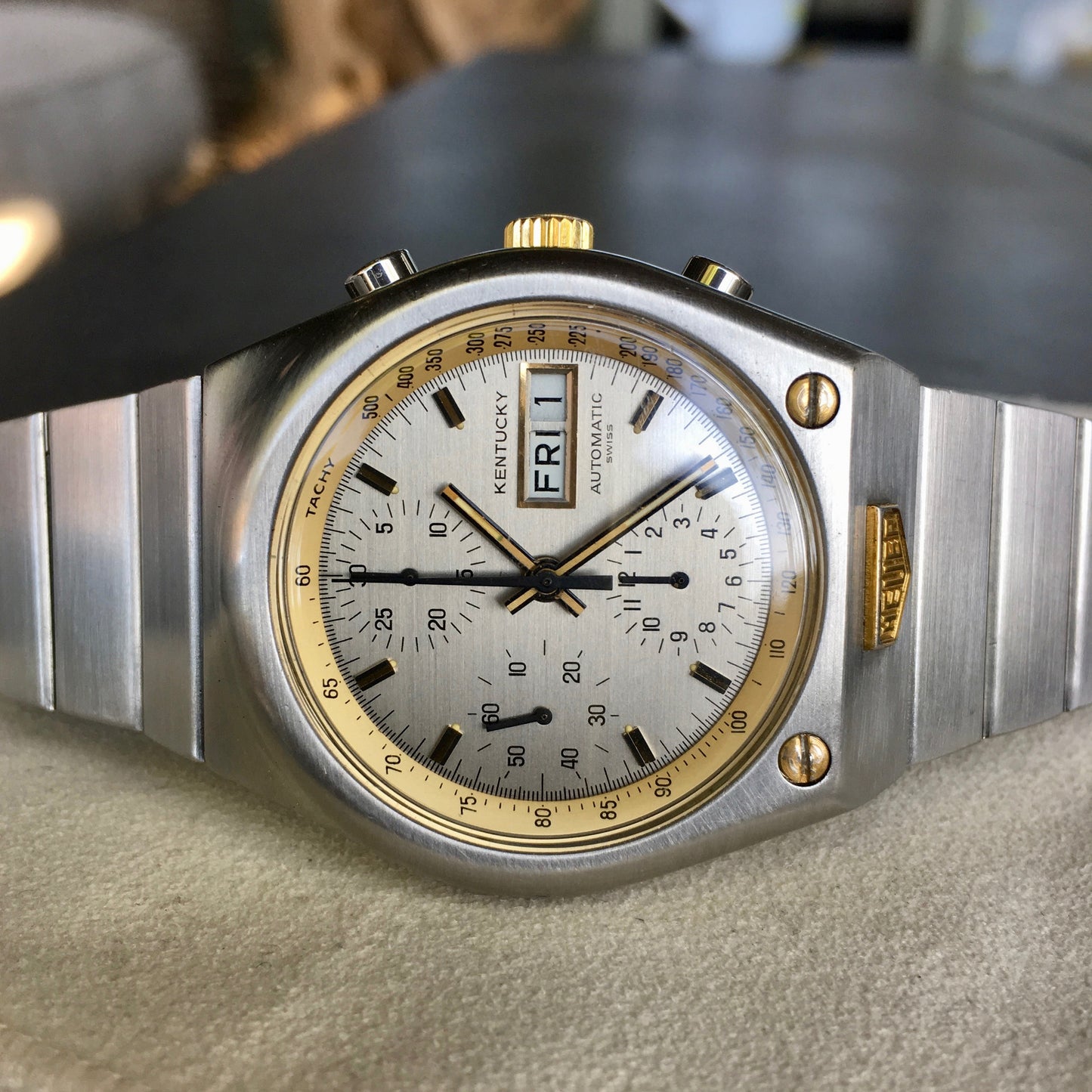 Vintage Heuer Kentucky 750.705 Steel Gold Automatic Valjoux 7750 Chronograph Watch - Hashtag Watch Company