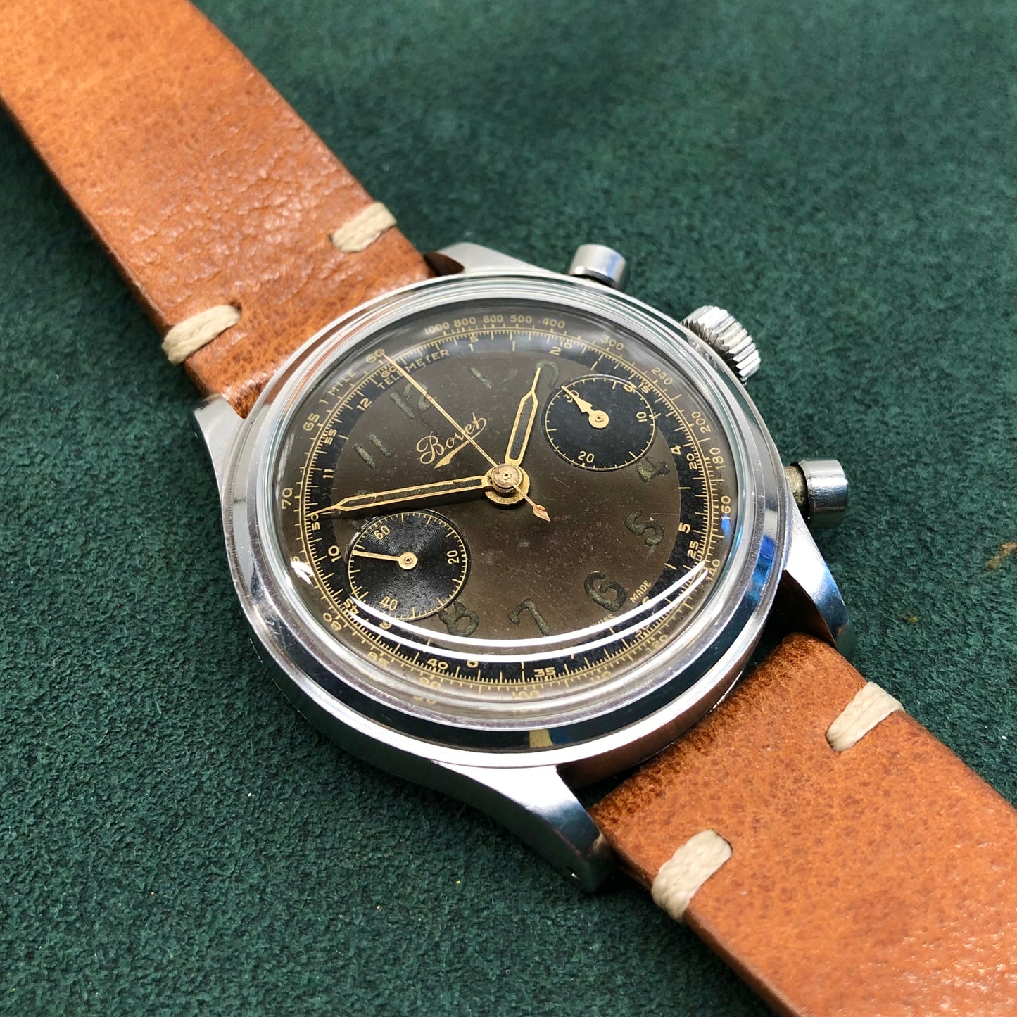 1950's Bovet Mono-Rattrapante Steel Gilt Chronograph Tropical 38mm Vintage Valjoux 84 Wristwatch - Hashtag Watch Company