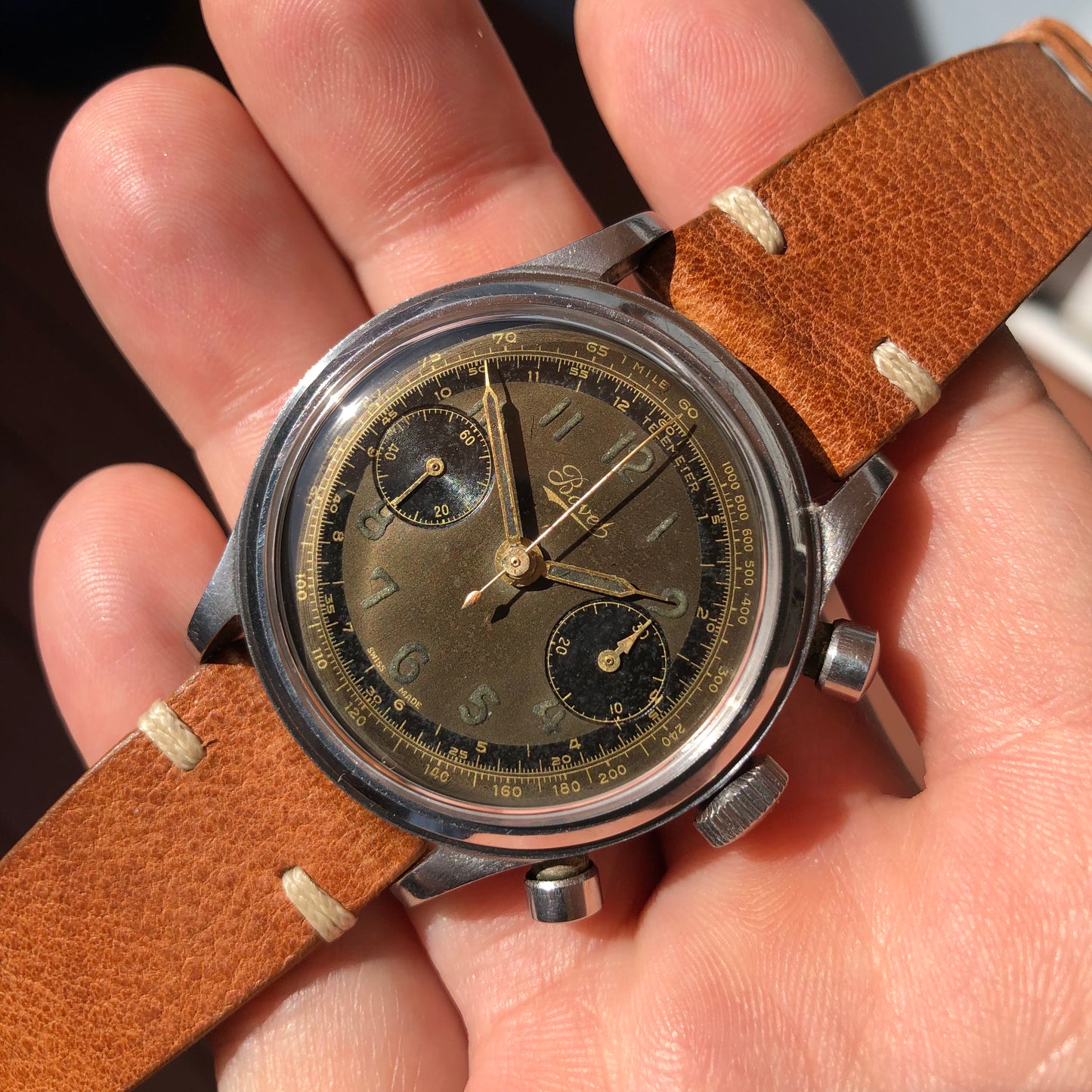 1950's Bovet Mono-Rattrapante Steel Gilt Chronograph Tropical 38mm Vintage Valjoux 84 Wristwatch - Hashtag Watch Company