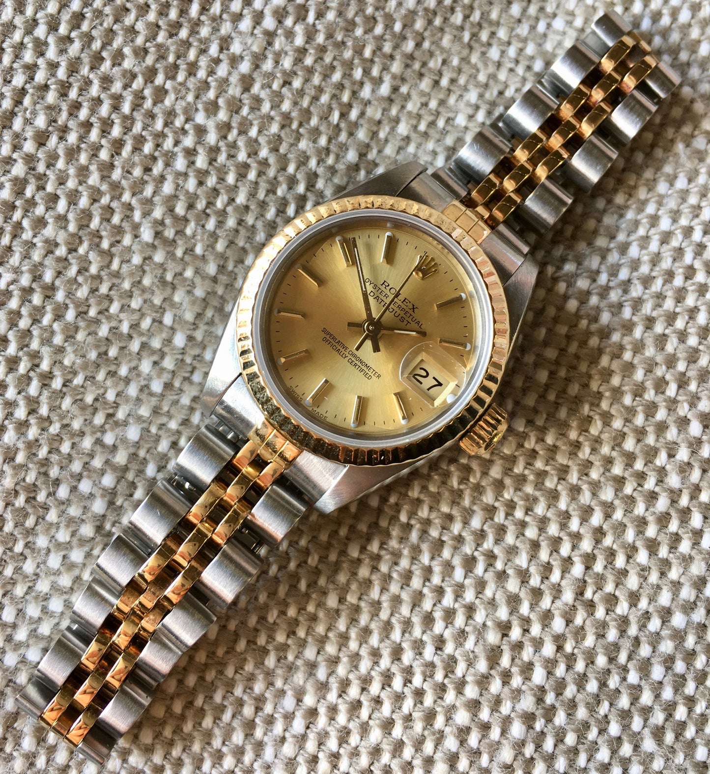 Rolex Ladies Datejust 69173 Two Tone Champagne Stick Dial Steel 18K Wristwatch - Hashtag Watch Company