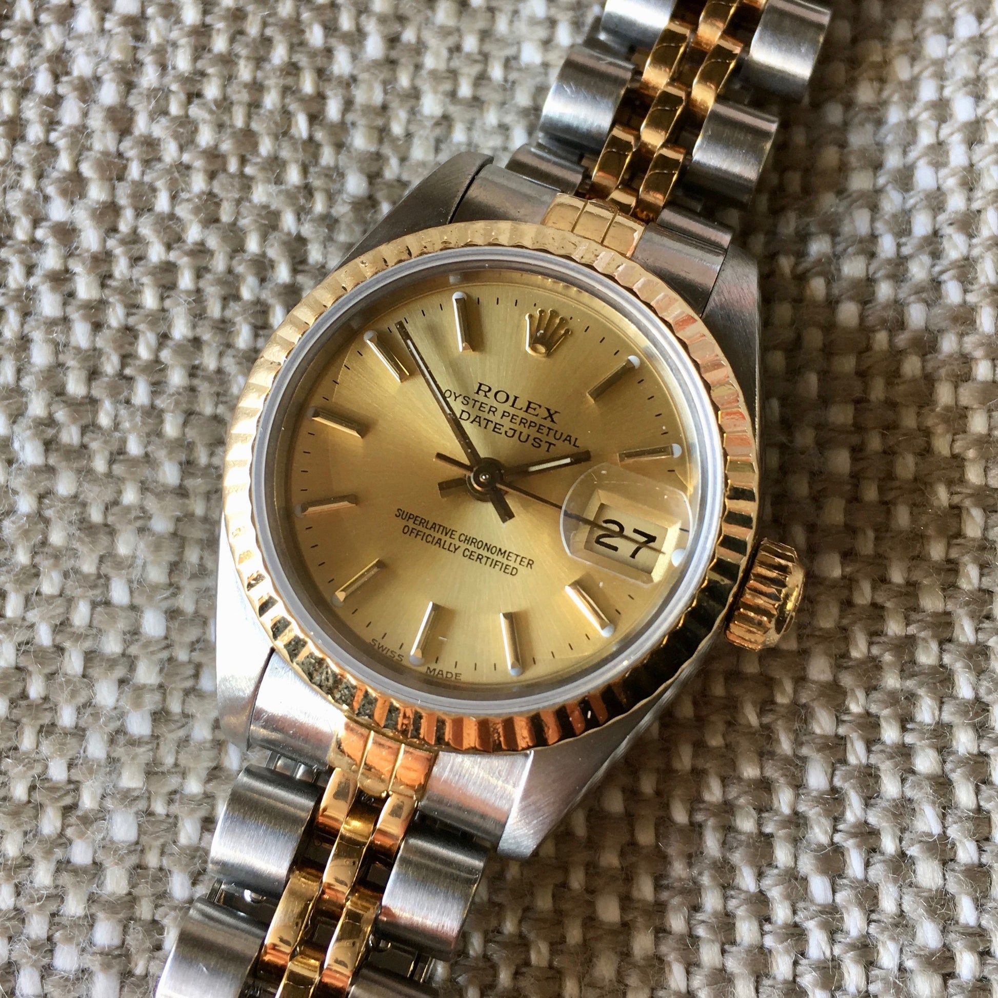 Rolex Ladies Datejust 69173 Two Tone Champagne Stick Dial Steel 18K Wristwatch - Hashtag Watch Company