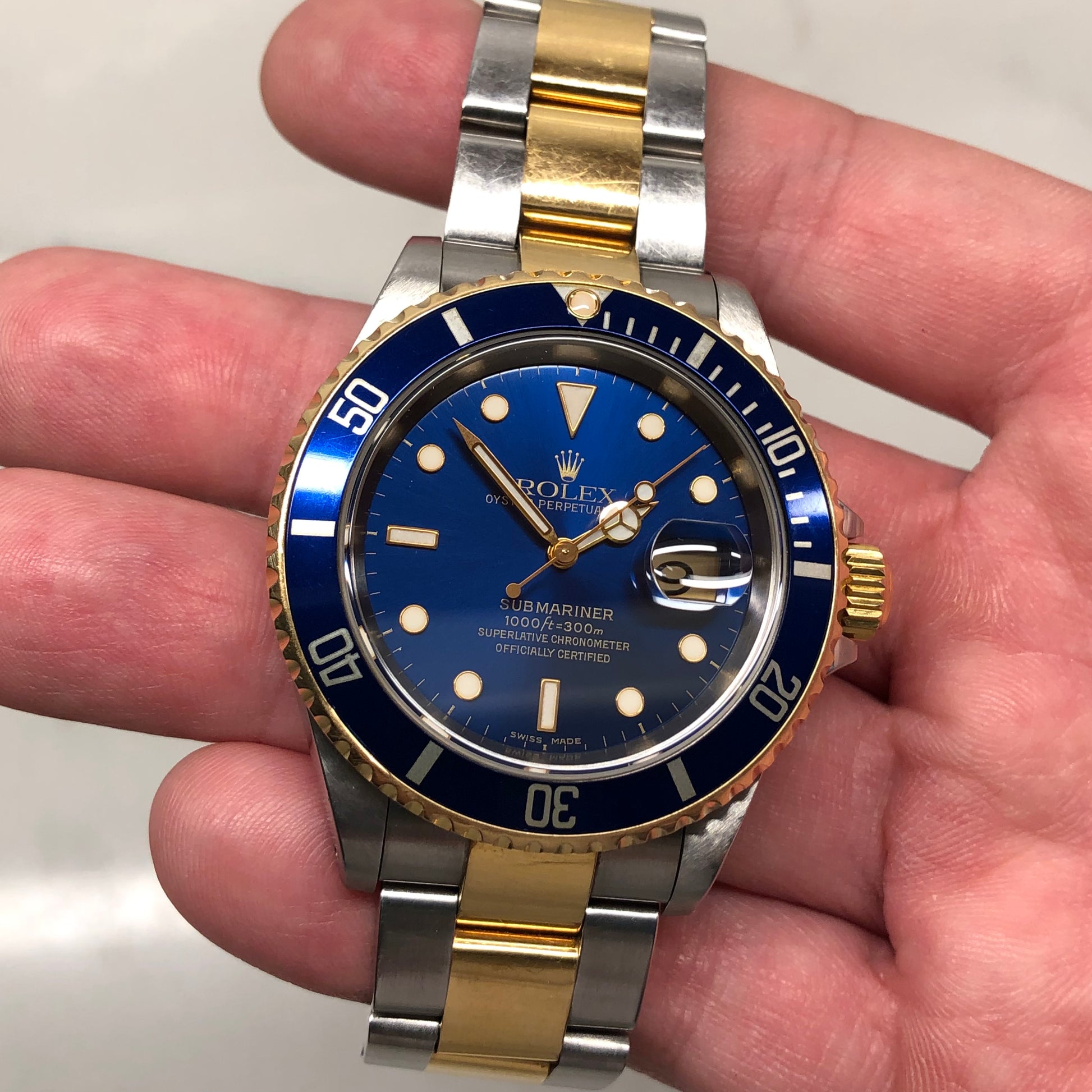 2002 Rolex Submariner Date 16613 Blue Two Tone Oyster 18K Steel Wristwatch Box Papers - Hashtag Watch Company