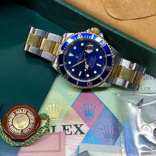 2002 Rolex Submariner Date 16613 Blue Two Tone Oyster 18K Steel Wristwatch Box Papers - Hashtag Watch Company