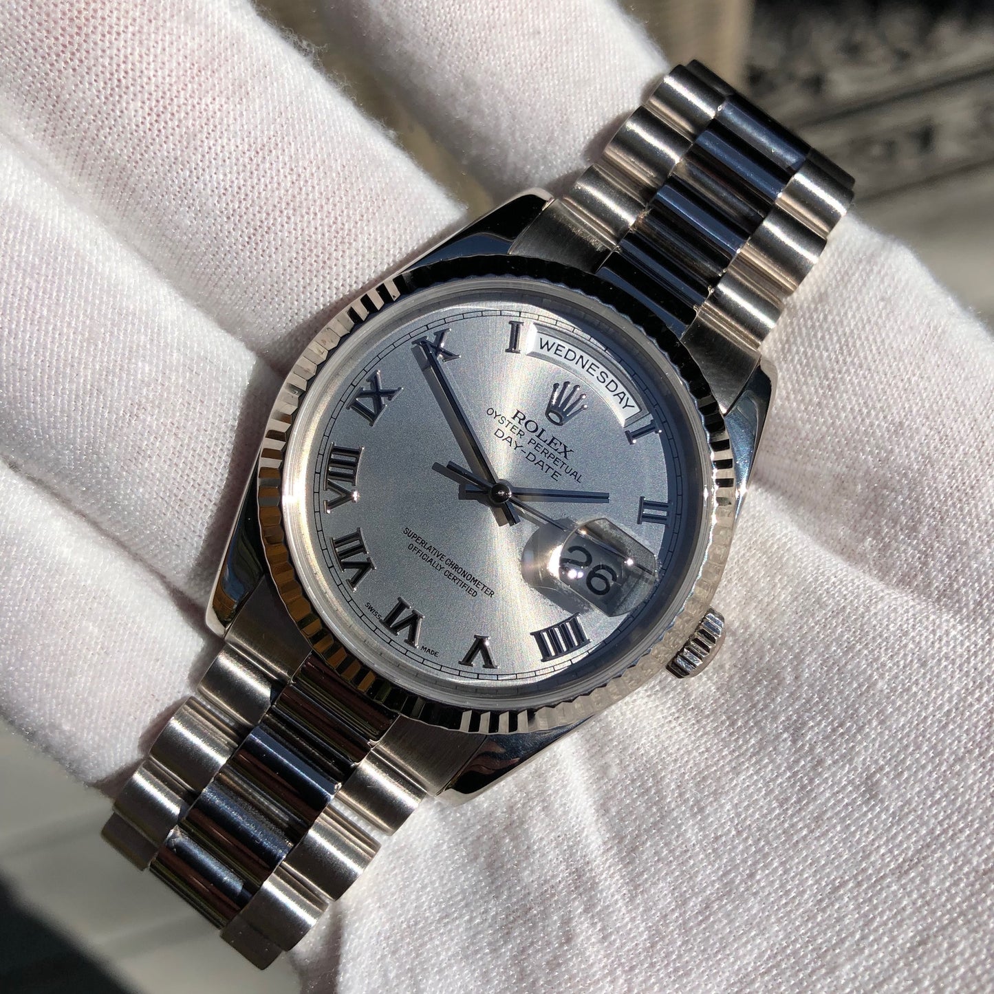 Rolex President 118239 Day Date 18K White Gold Silver Roman Wristwatch - Hashtag Watch Company