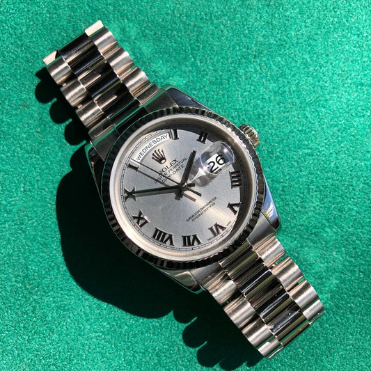 Rolex President 118239 Day Date 18K White Gold Silver Roman Wristwatch - Hashtag Watch Company