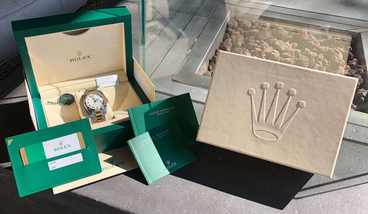 Rolex Datejust 116233 White Roman Two Tone Steel Gold Oyster Wristwatch Box & Papers New Unworn - Hashtag Watch Company