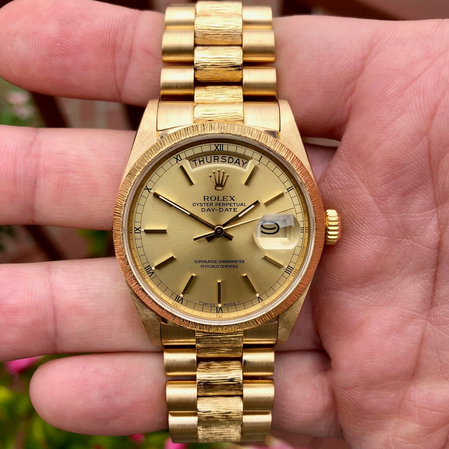 Rolex President 18038 Bark Day Date 18K Yellow Gold Circa 1985 - Hashtag Watch Company