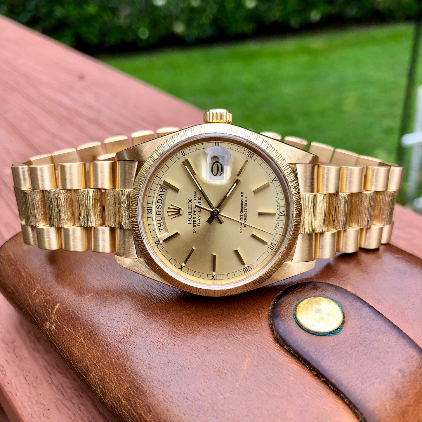 Rolex President 18038 Bark Day Date 18K Yellow Gold Circa 1985 - Hashtag Watch Company