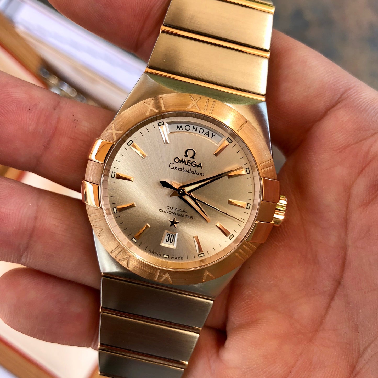 Omega Constellation 12320382202001 Two Tone Red Gold Steel Silver Dial Day Date Box & Papers - Hashtag Watch Company