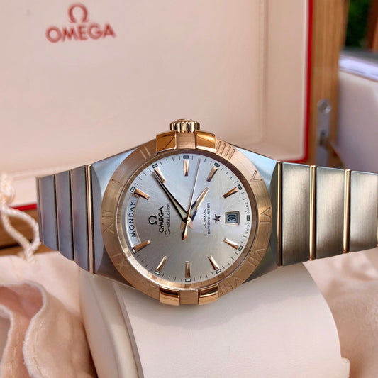 Omega Constellation 12320382202001 Two Tone Red Gold Steel Silver Dial Day Date Box & Papers - Hashtag Watch Company