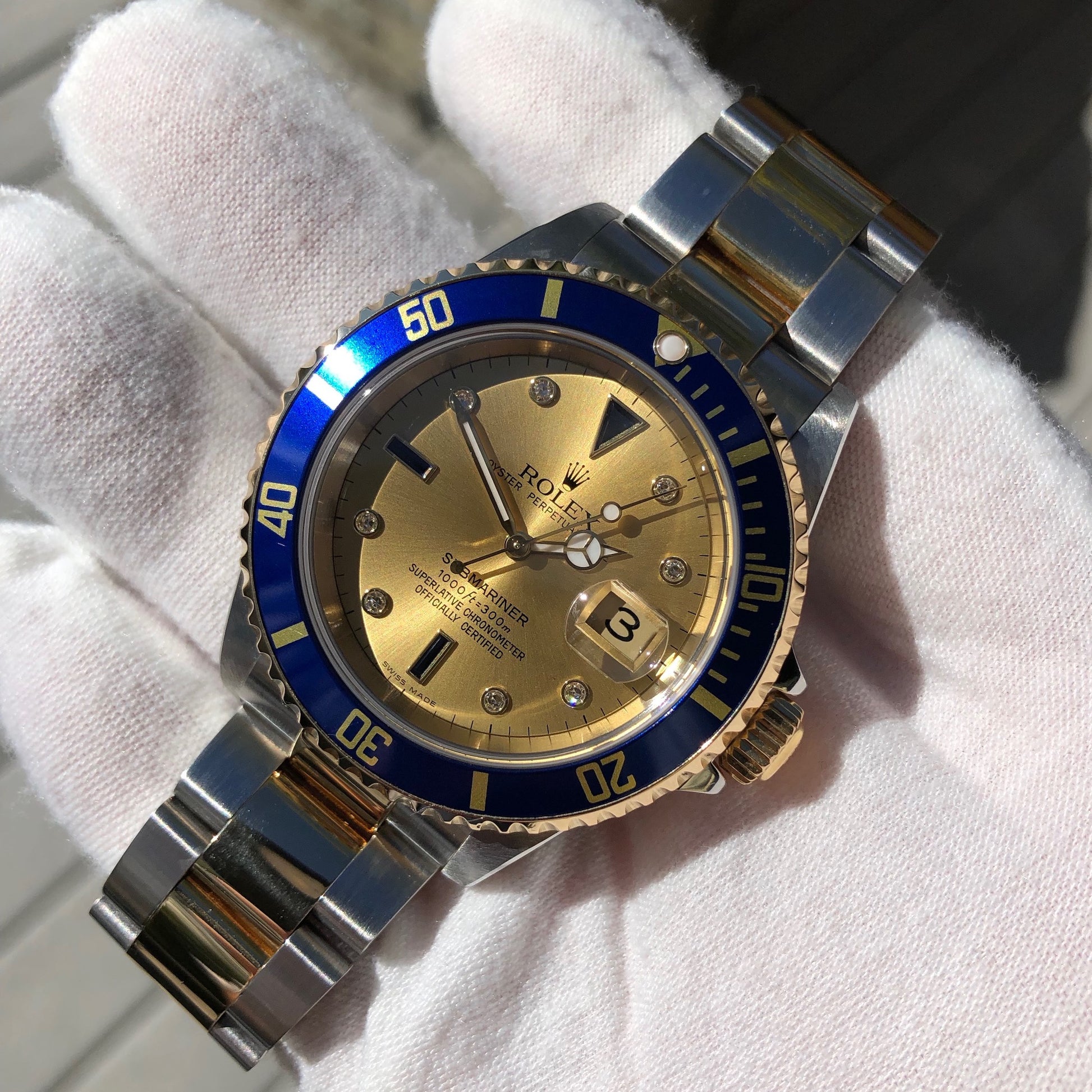 Rolex Submariner Date 16613 Serti Two Tone Stainless Steel Gold Diamond Champange Sapphire Wristwatch Box Papers - Hashtag Watch Company