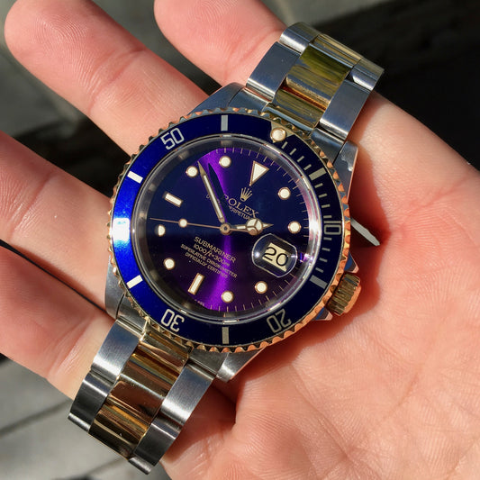 Rolex Submariner 16613 Two Tone Purple Color Change Steel 18K Gold "S" Serial 1993 Wristwatch - Hashtag Watch Company