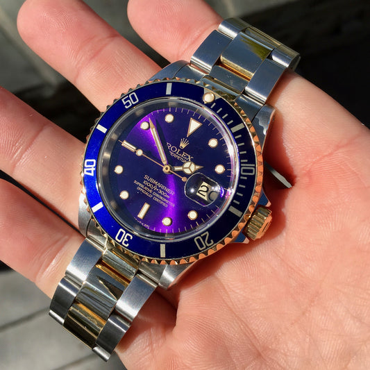 Rolex Submariner 16613 Two Tone Purple Color Change Steel 18K Gold "S" Serial 1993 Wristwatch - Hashtag Watch Company