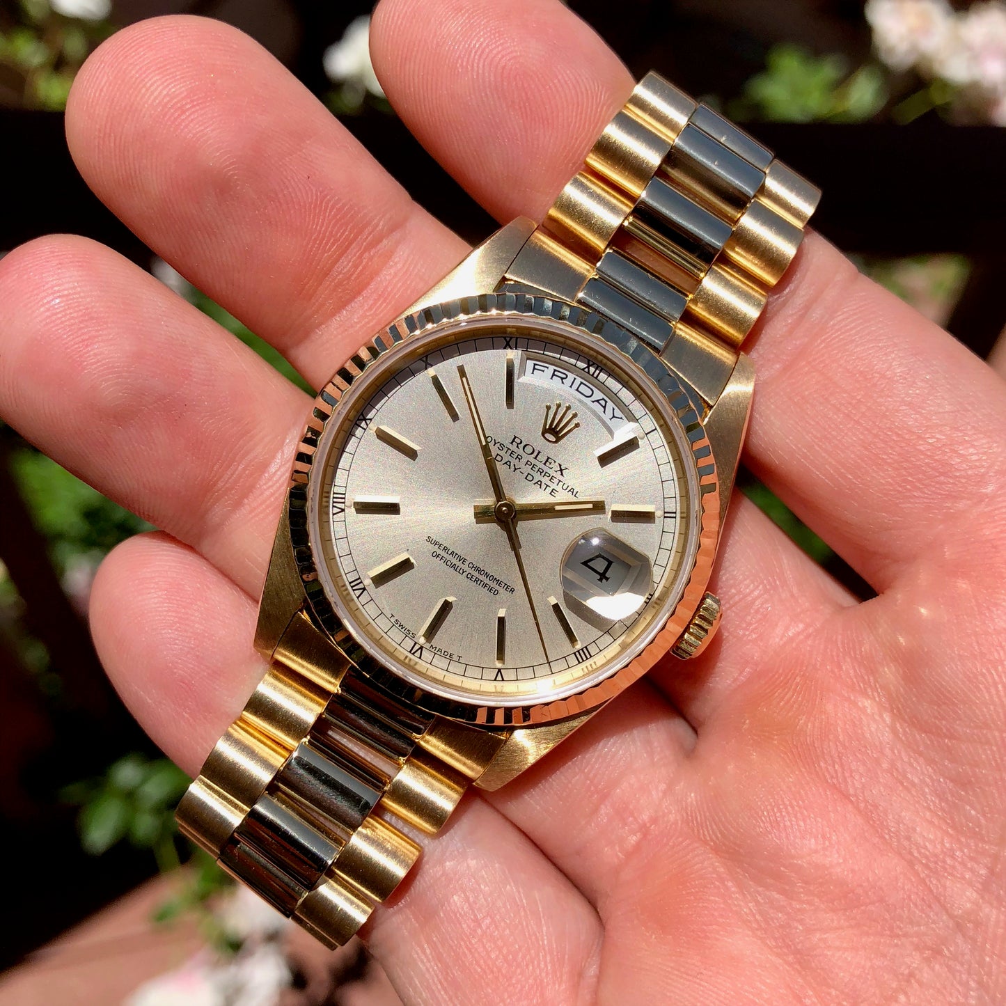 Rolex President 18238 Day Date 18K Yellow Gold Silver Stick "E" Serial 1990 Box Papers MINT - Hashtag Watch Company