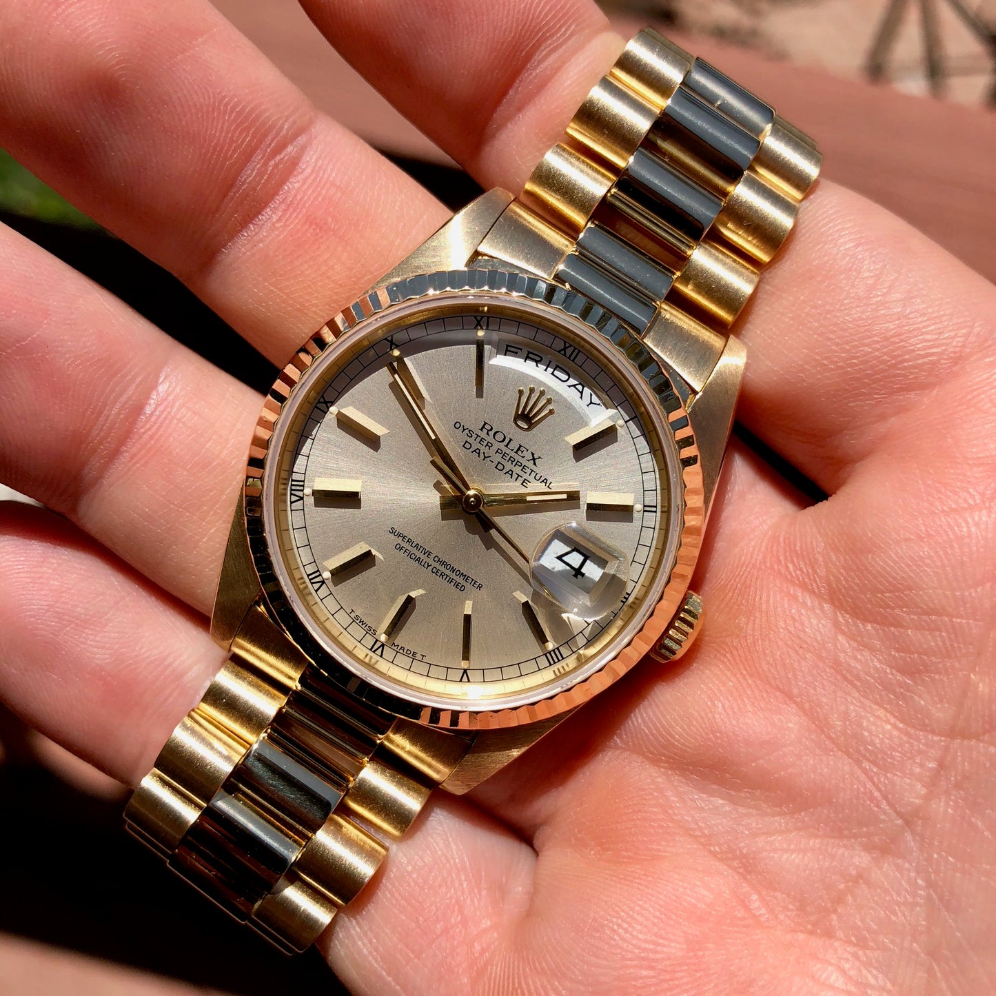 Rolex President 18238 Day Date 18K Yellow Gold Silver Stick "E" Serial 1990 Box Papers MINT - Hashtag Watch Company