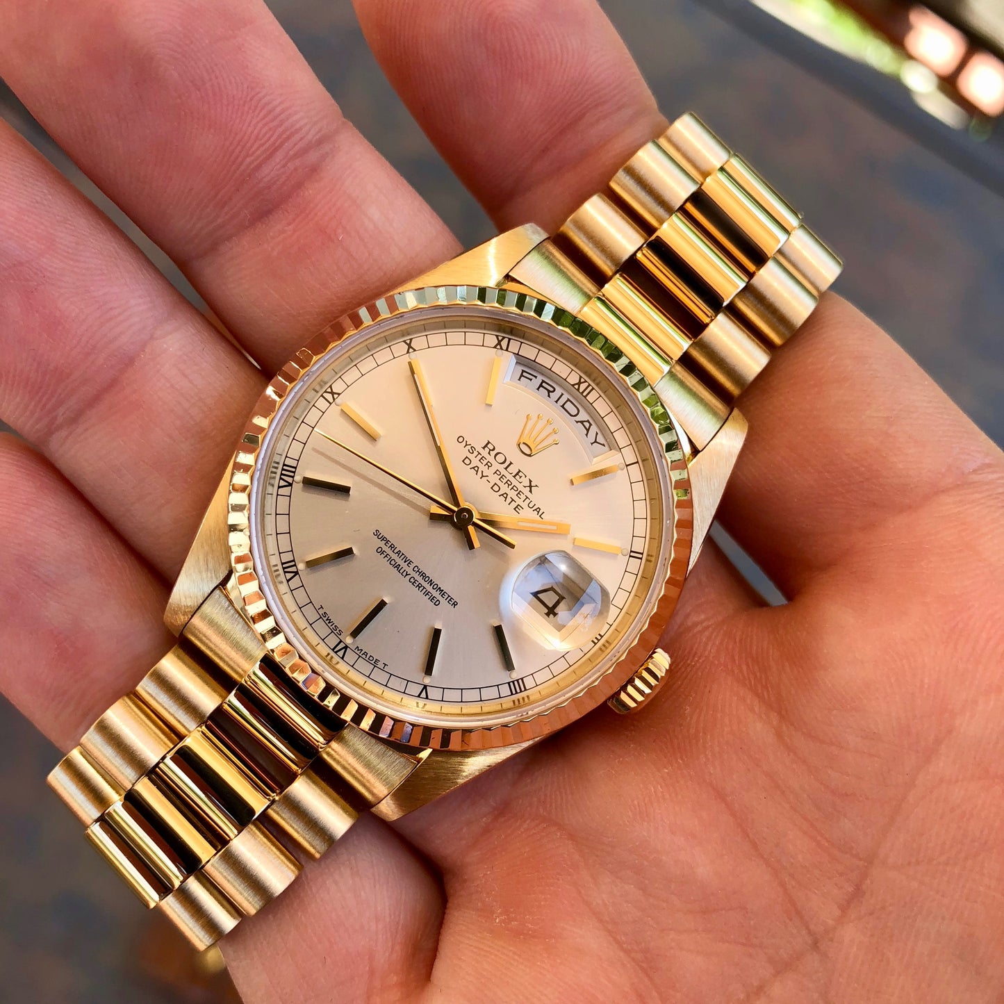 Rolex President 18238 Day Date 18K Yellow Gold Silver Stick "E" Serial 1990 Box Papers MINT - Hashtag Watch Company