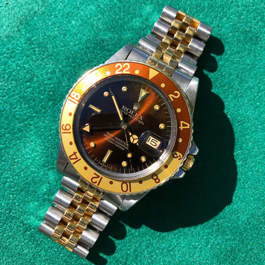 Vintage Rolex GMT MASTER 16753 Root Beer Tiger Eye Nipple Jubilee Bracelet Wristwatch Circa 1981 - Hashtag Watch Company