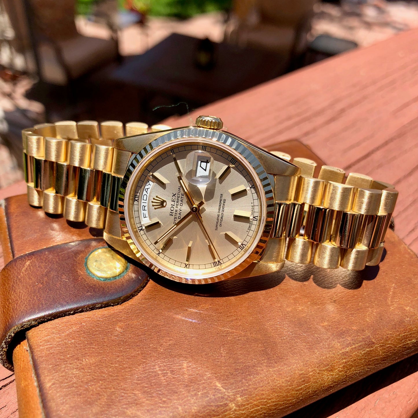 Rolex President 18238 Day Date 18K Yellow Gold Silver Stick "E" Serial 1990 Box Papers MINT - Hashtag Watch Company