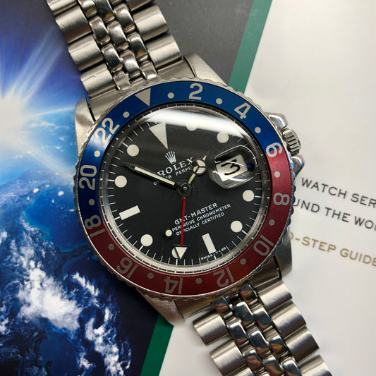 1972 Rolex GMT MASTER 1675 Mk 2 Fat Font Pepsi Wristwatch with RSC Service Card - Hashtag Watch Company