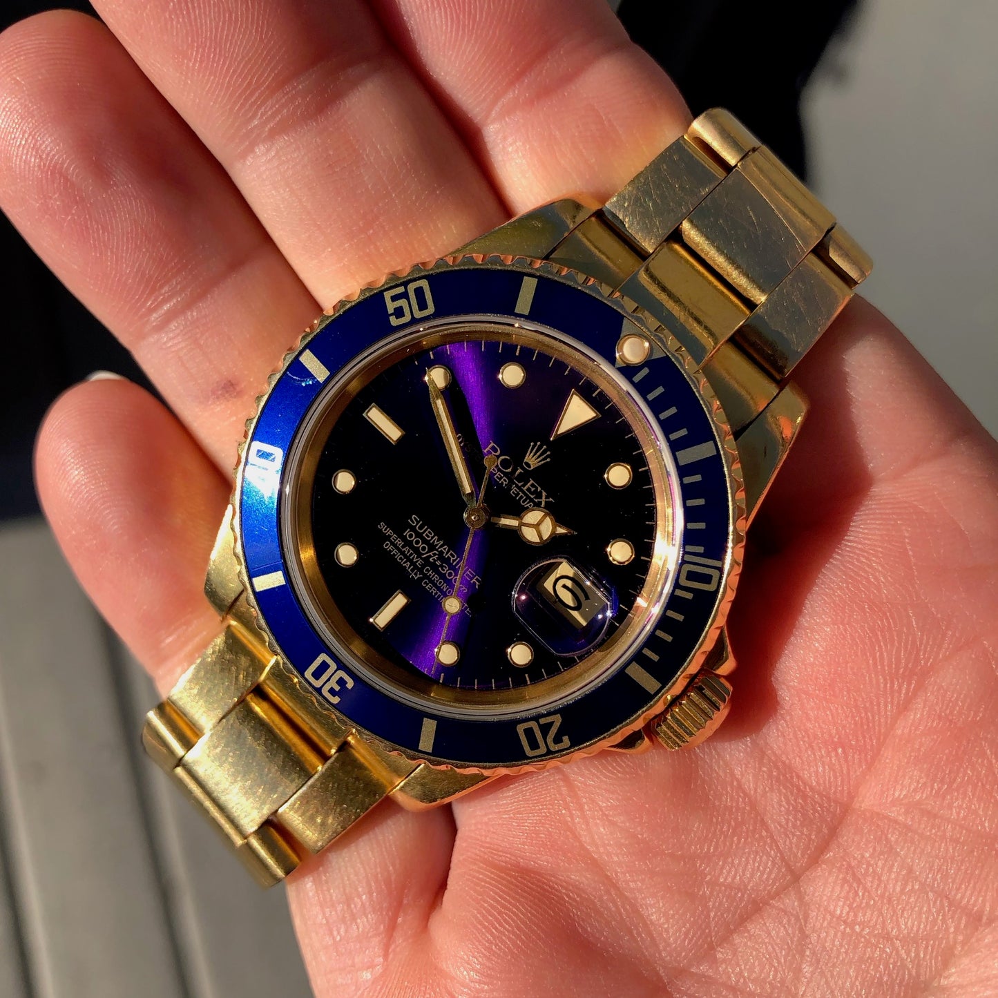 Vintage Rolex Submariner 16808 Purple Tropical 18K Yellow Gold Wristwatch Circa 1981 - Hashtag Watch Company