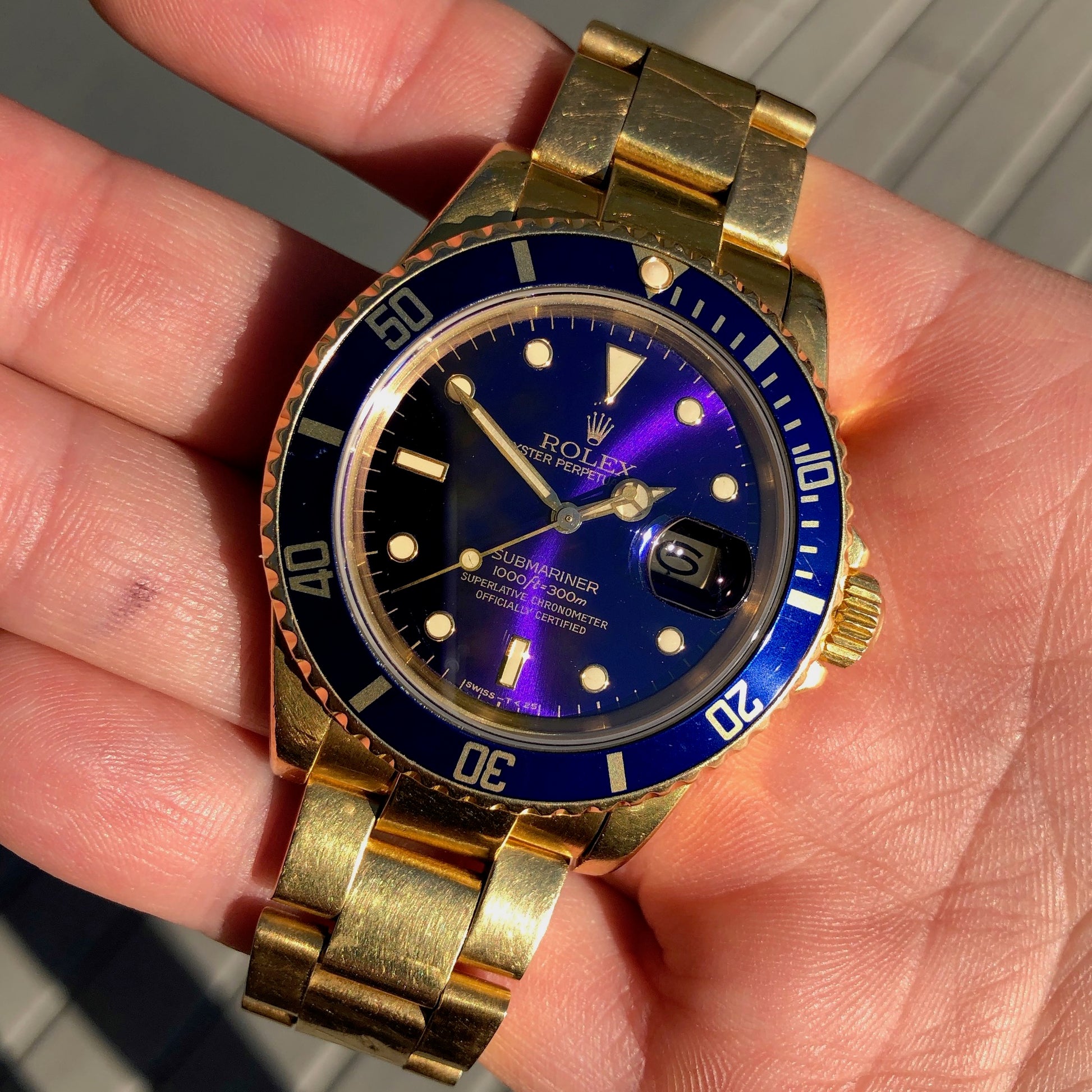 1981 Rolex Submariner 16808 Purple Tropical 18K Yellow Gold Wristwatch HASHTAGWATCHCO
