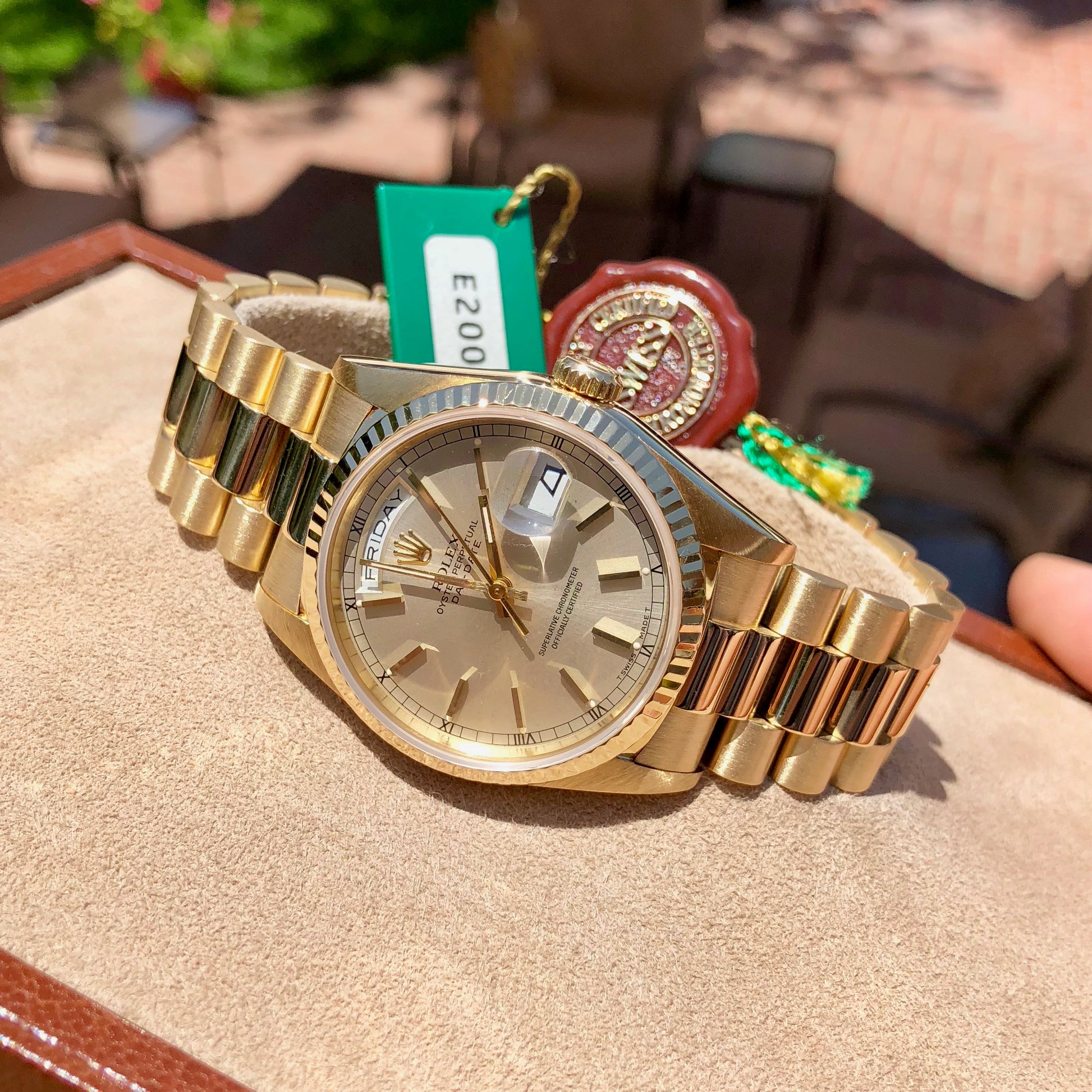 Rolex President 18238 Day Date 18K Yellow Gold Silver Stick "E" Serial 1990 Box Papers MINT - Hashtag Watch Company
