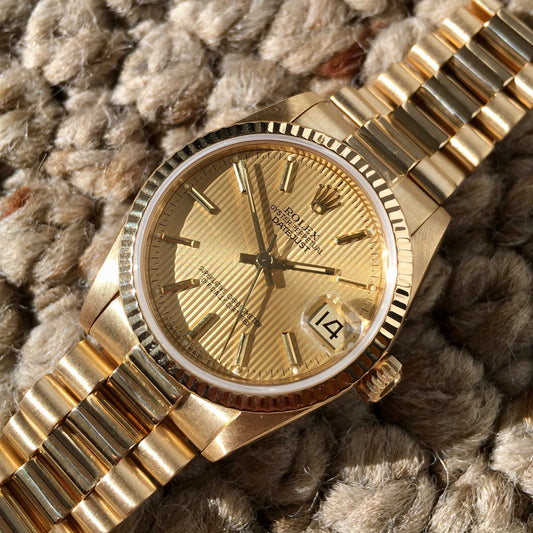 Rolex Ladies President 68278 Midsize Datejust 31mm 18K Yellow Gold Tapestry Champagne Wristwatch - Hashtag Watch Company