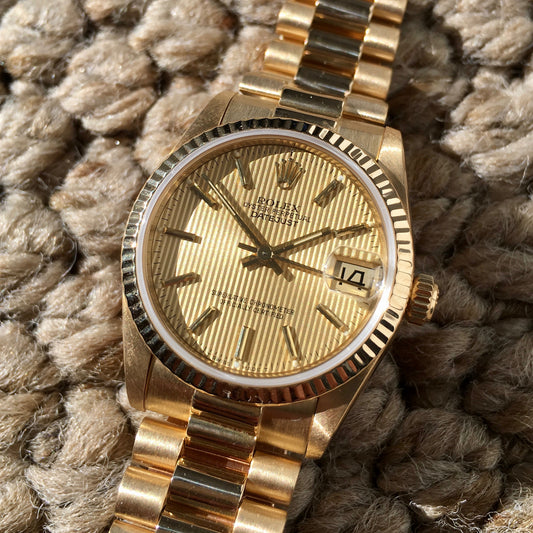 Rolex Ladies President 68278 Midsize Datejust 31mm 18K Yellow Gold Tapestry Champagne Wristwatch - Hashtag Watch Company