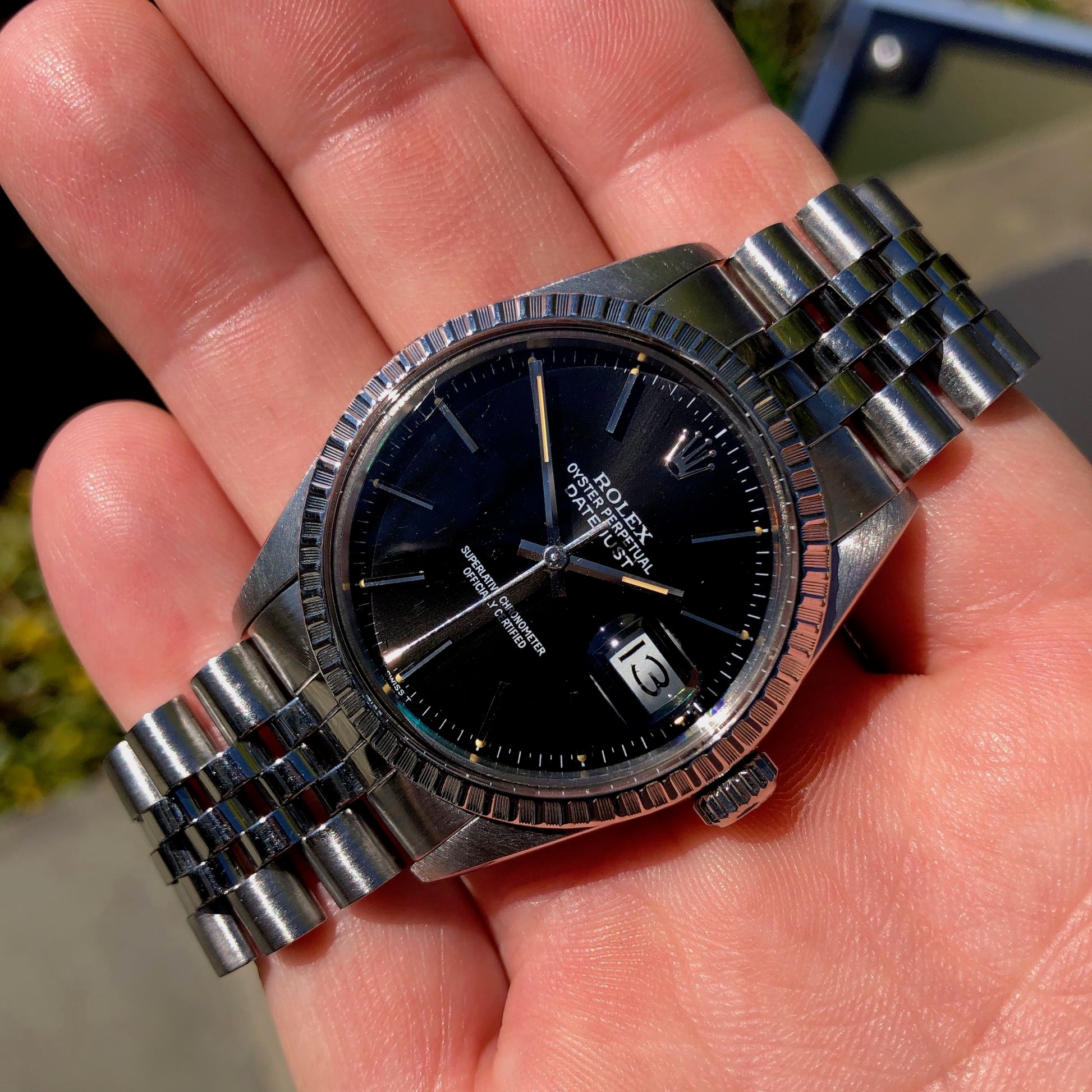 1985 Rolex Datejust 16030 Black Stick Engine Turned Wristwatch Box 1985 Rolex Datejust 16030 Black Stick Engine Turned Wristwatch Box