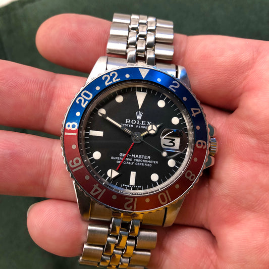 1972 Rolex GMT MASTER 1675 Mk 2 Fat Font Pepsi Wristwatch with RSC Service Card - Hashtag Watch Company