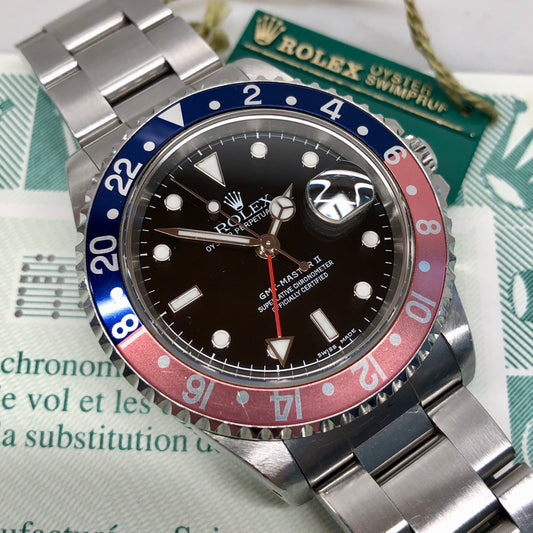 1999 Rolex GMT MASTER II 16710 Pepsi Oyster Wristwatch with Original Tag and Papers - Hashtag Watch Company