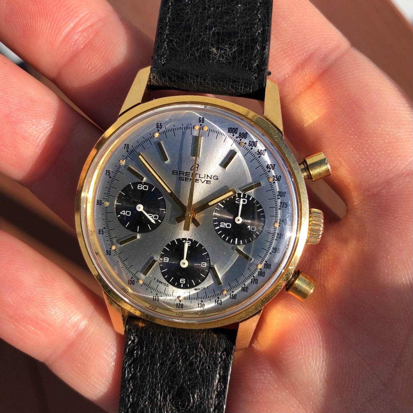 1974 Vintage Breitling Top Time 815 Gold Top Steel Chronograph Silver Dial Wristwatch - Hashtag Watch Company