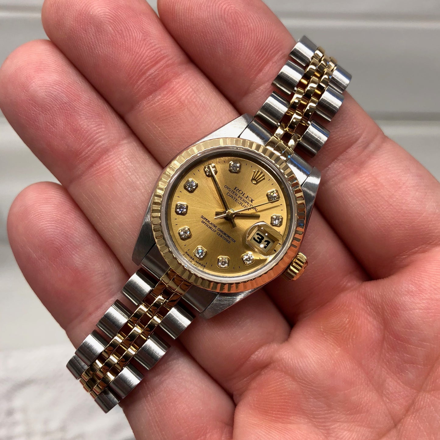 Rolex Datejust 69173 Ladies Two Tone Champagne Diamond Dial Steel 18K Wristwatch Circa 1995 - Hashtag Watch Company