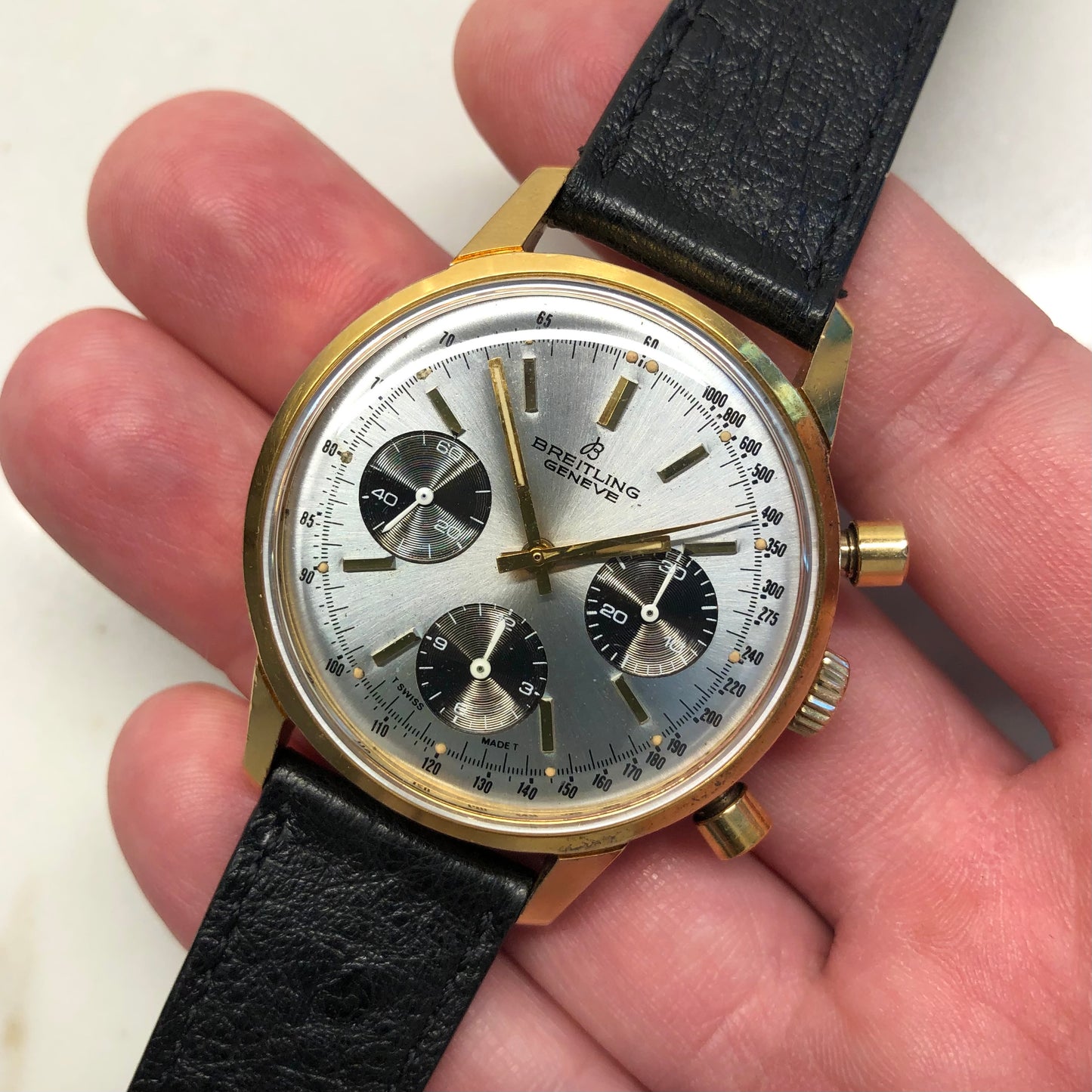 1974 Vintage Breitling Top Time 815 Gold Top Steel Chronograph Silver Dial Wristwatch - Hashtag Watch Company