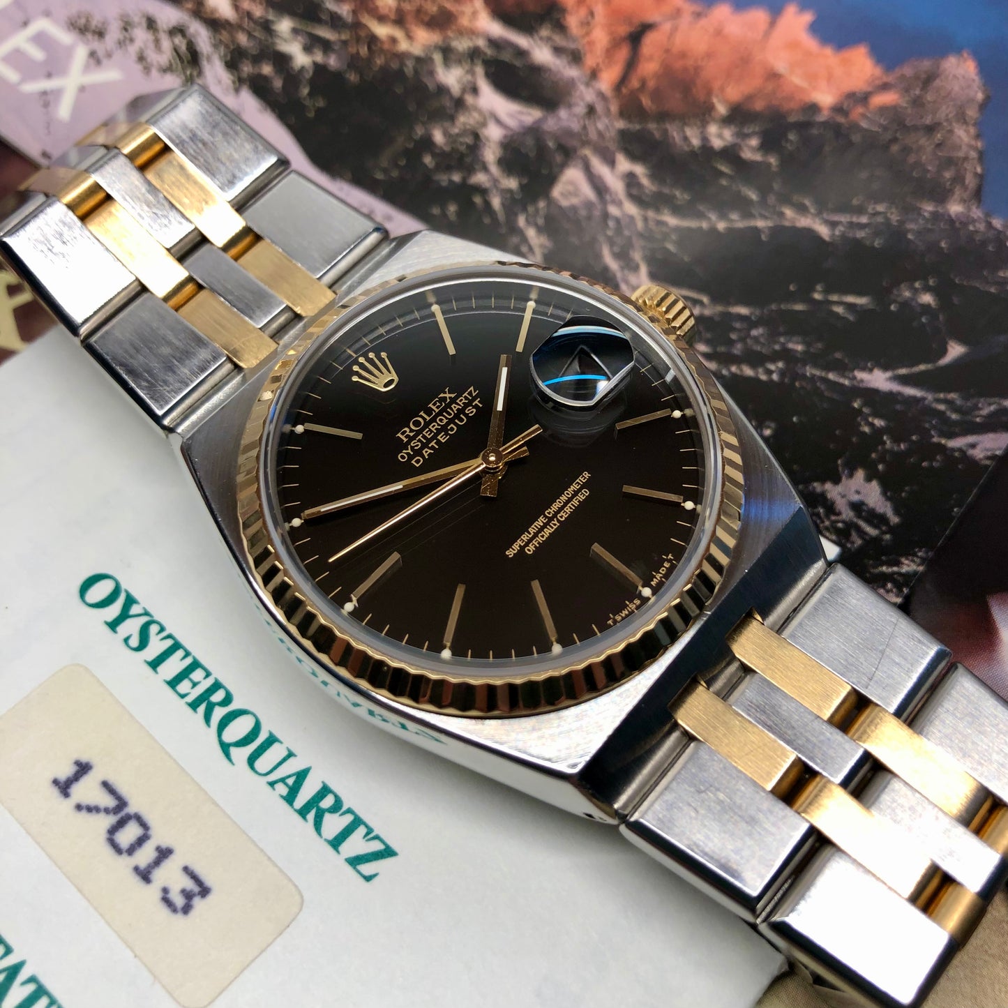 1986 Rolex Datejust Oysterquartz 17013 Black Two Tone Wristwatch with Box Papers - Hashtag Watch Company