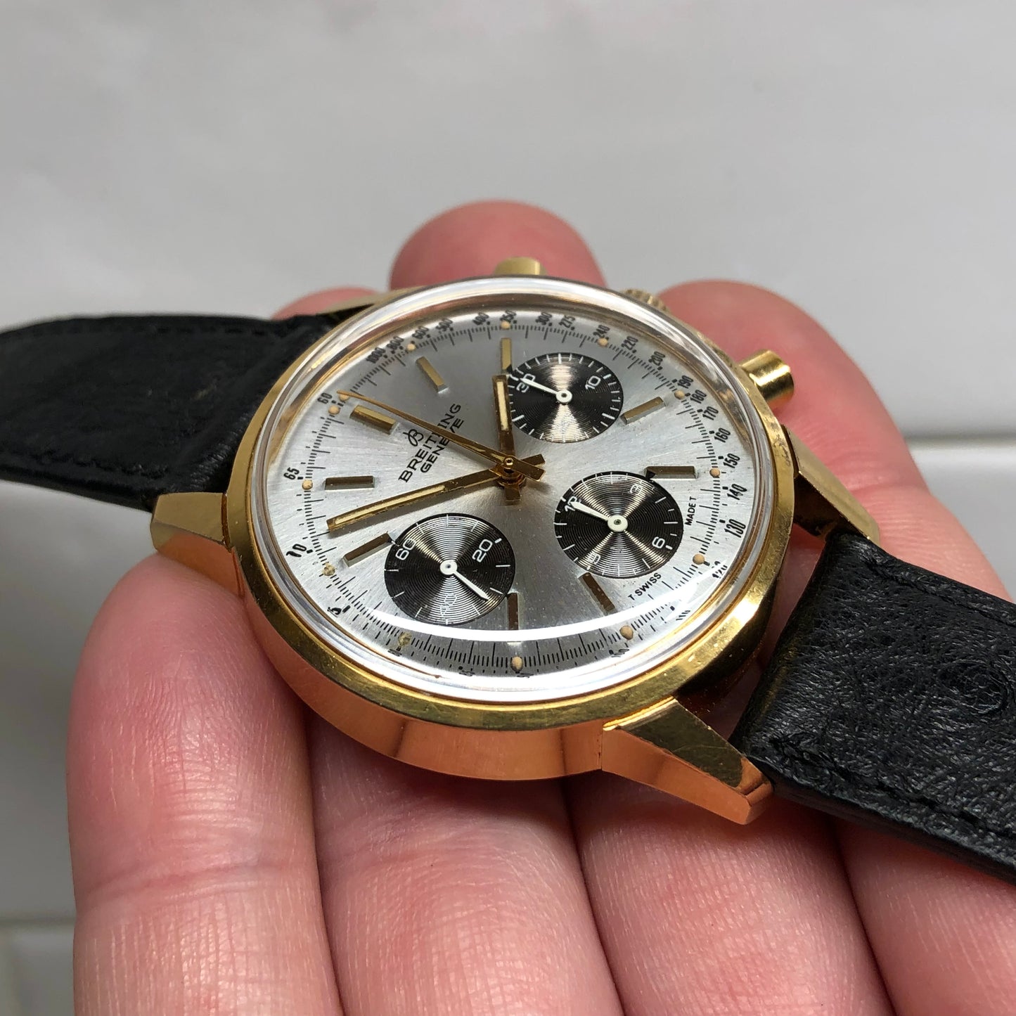 1974 Vintage Breitling Top Time 815 Gold Top Steel Chronograph Silver Dial Wristwatch - Hashtag Watch Company