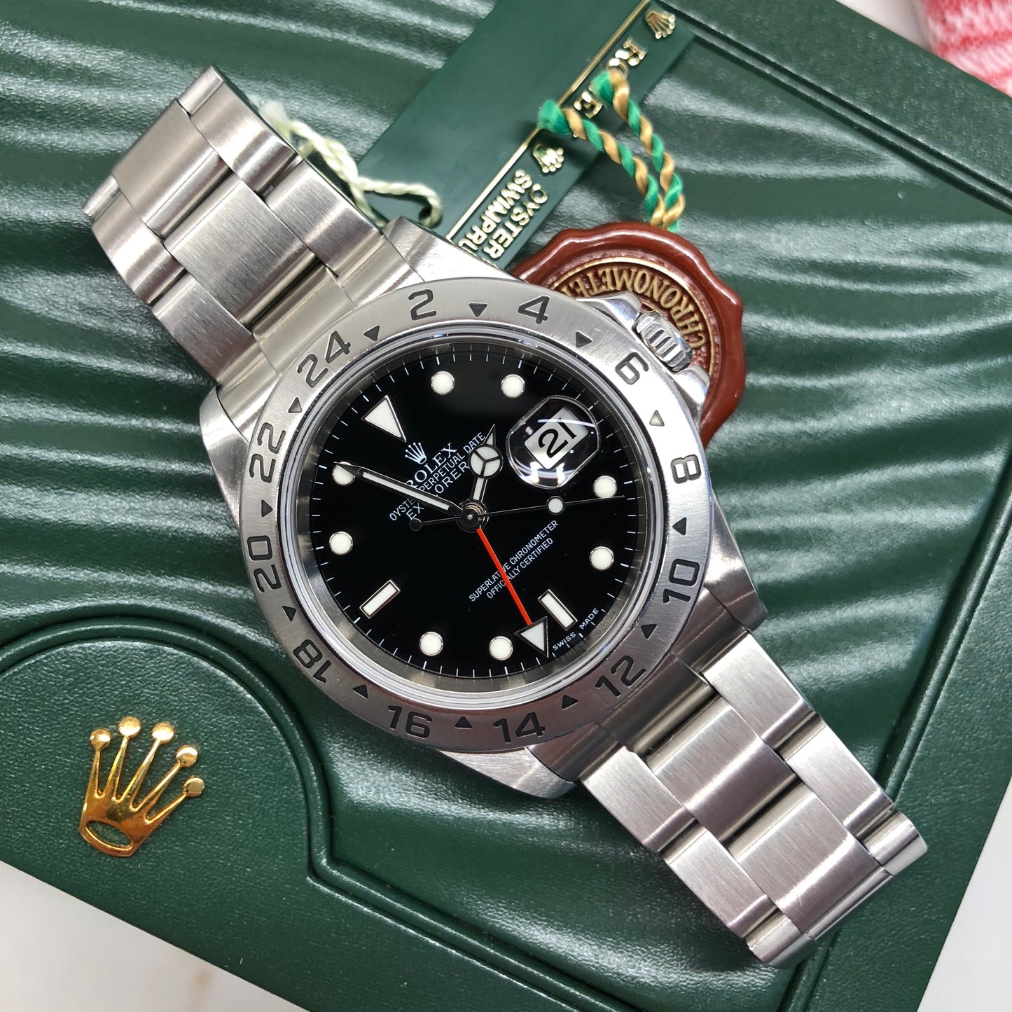 Rolex Explorer II 16570 Stainless Steel GMT Oyster F Serial Wristwatch Box Papers Circa 2003 - Hashtag Watch Company