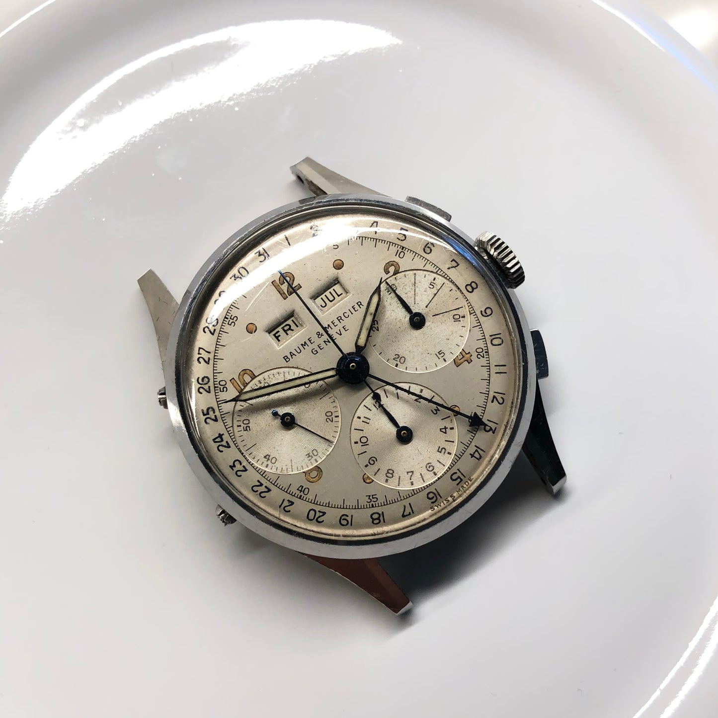 1950s Baume Mercier Vintage Steel Chronograph Triple Date Calendar Valjoux 72 Wristwatch - Hashtag Watch Company