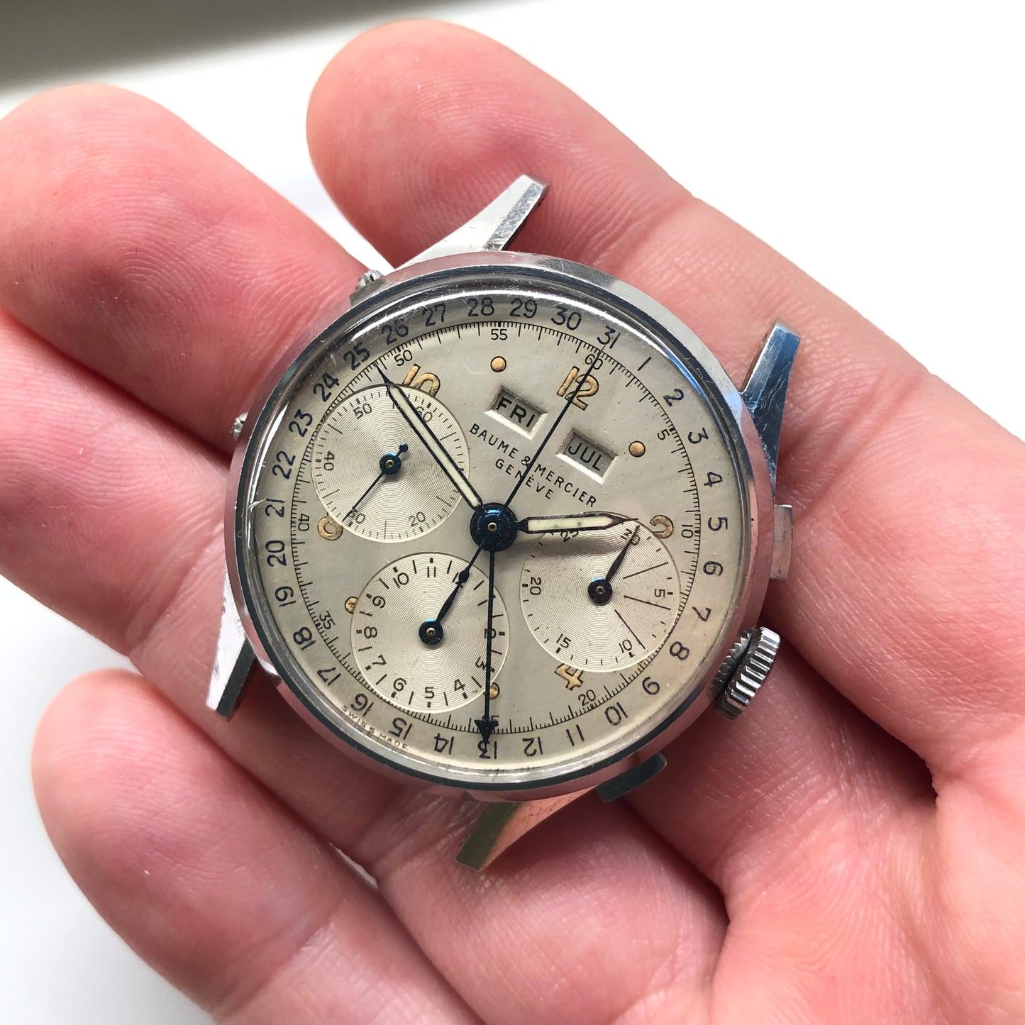 1950s Baume Mercier Vintage Steel Chronograph Triple Date Calendar Valjoux 72 Wristwatch - Hashtag Watch Company