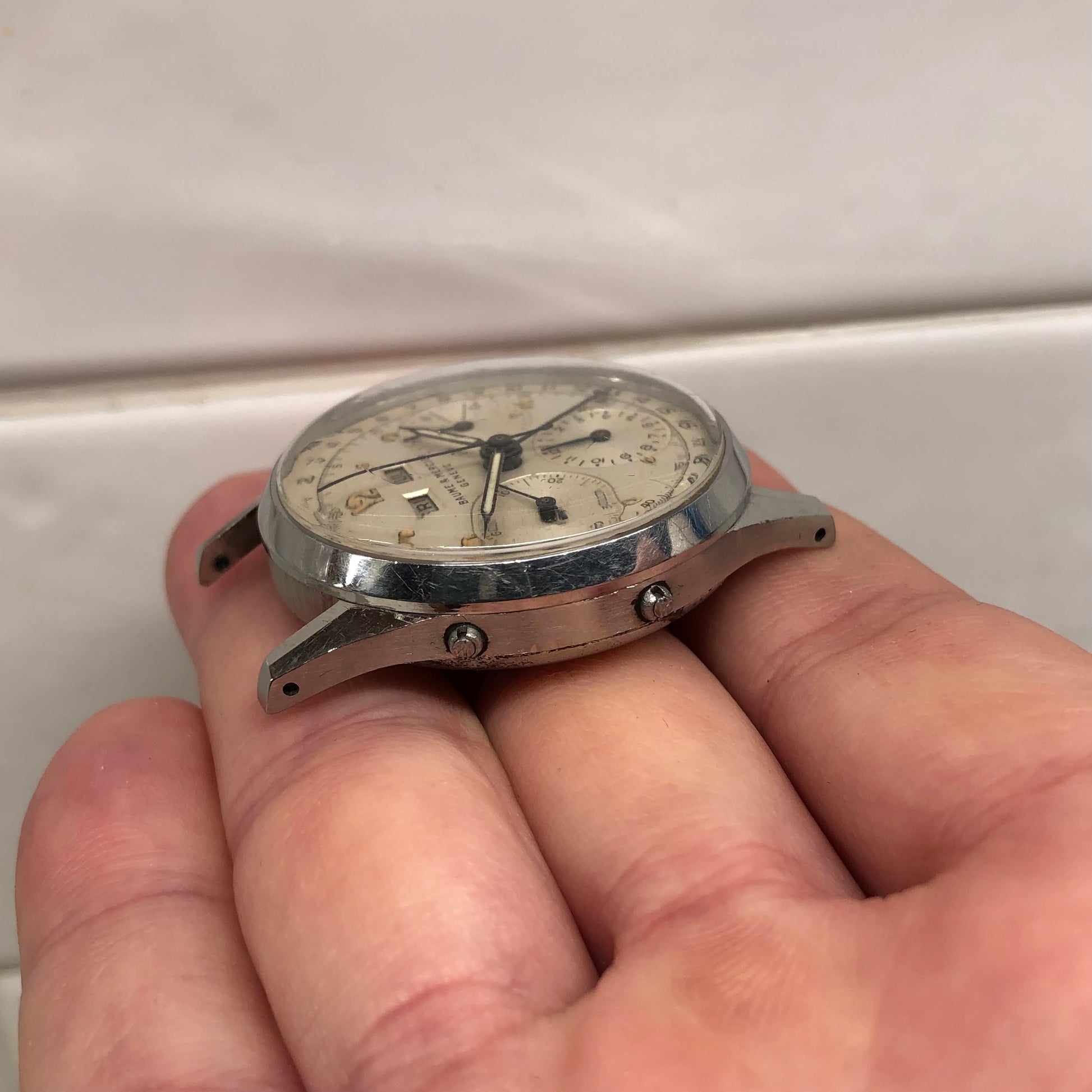 1950s Baume Mercier Vintage Steel Chronograph Triple Date Calendar Valjoux 72 Wristwatch - Hashtag Watch Company