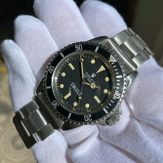 1967 Vintage Rolex Submariner 5513 Meters First Matte Black Fat Font Insert Wristwatch - Hashtag Watch Company