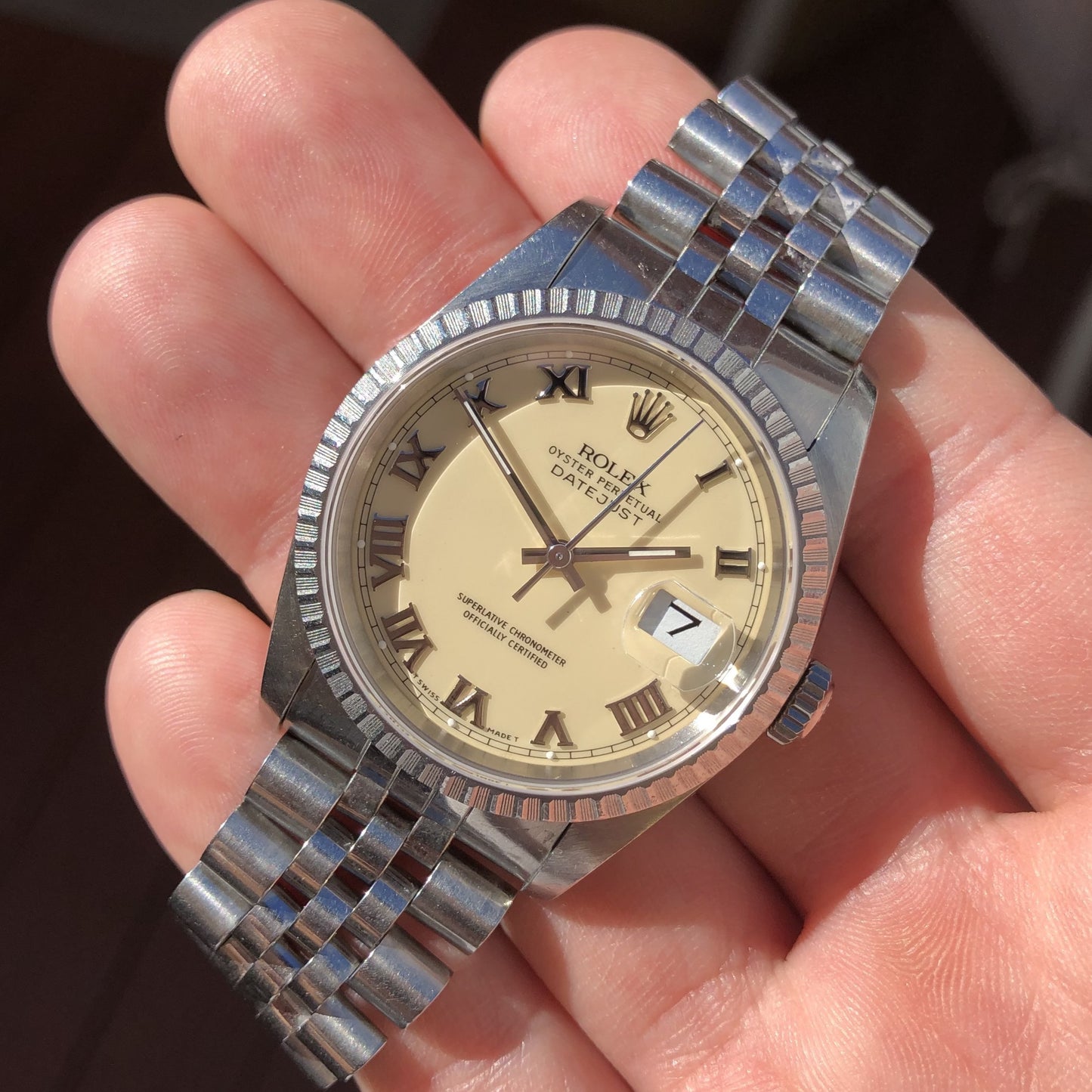 1989 Vintage Rolex Datejust 16220 Cream Jubilee Steel Engine Turned Automatic Wristwatch - Hashtag Watch Company