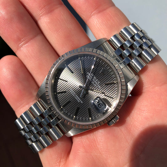 1990 Rolex Datejust 16200 Gray Tapestry Dial Engine Turned Bezel Jubilee Wristwatch Full Set - Hashtag Watch Company