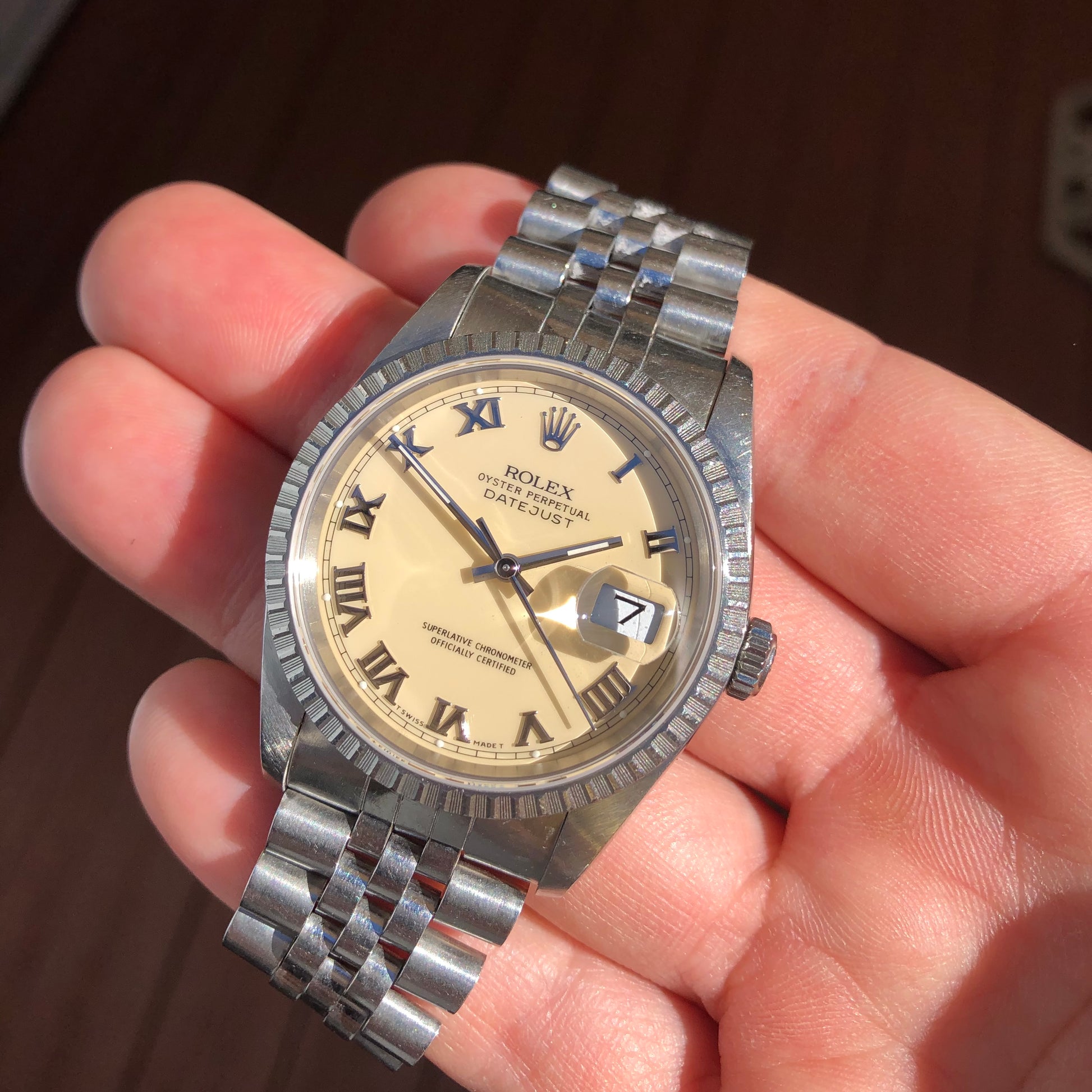 1989 Vintage Rolex Datejust 16220 Cream Jubilee Steel Engine Turned Automatic Wristwatch - Hashtag Watch Company